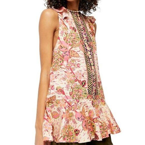 Free People "Summer In Tulum" Linen Blend Mixed Print Ruffle Sleeveless Tunic - Picture 6 of 15